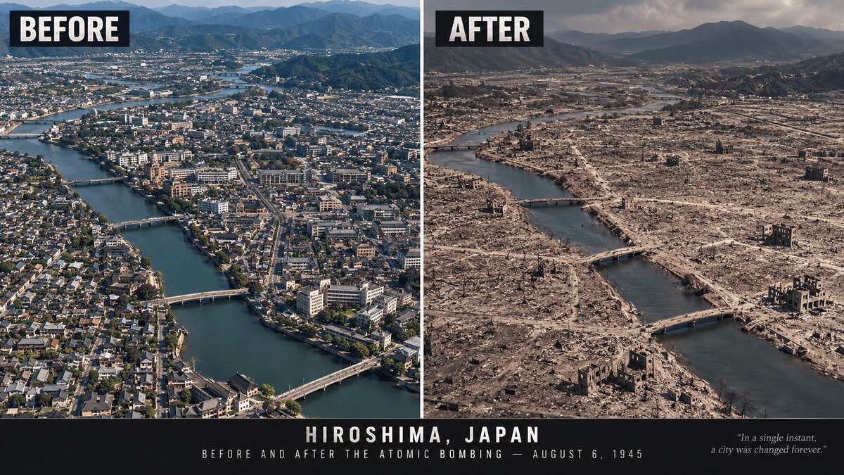 Aftermath when a president launches nuclear weapons. Before and after photos of hiroshima