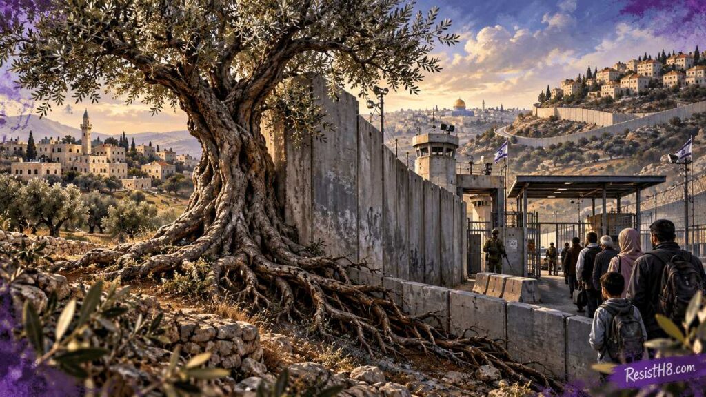 An olive tree, an idf checkpoint, and settlements in the west bank represent israel’s occupation of palestine.