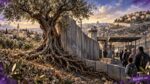 An olive tree, an idf checkpoint, and settlements in the west bank represent israel’s occupation of palestine.