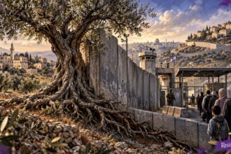 An olive tree, an idf checkpoint, and settlements in the west bank represent israel’s occupation of palestine.