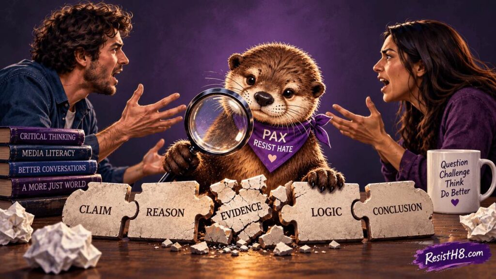 Logical fallacies people arguing and pax looking at the broken argument chain