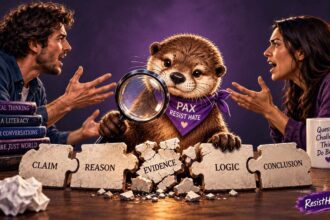 Logical fallacies people arguing and pax looking at the broken argument chain