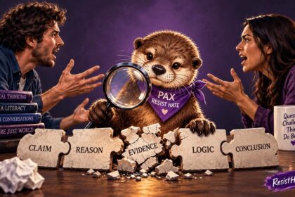 Logical fallacies people arguing and pax looking at the broken argument chain