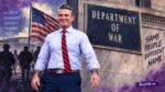 Pete hegseth next to department of war sign