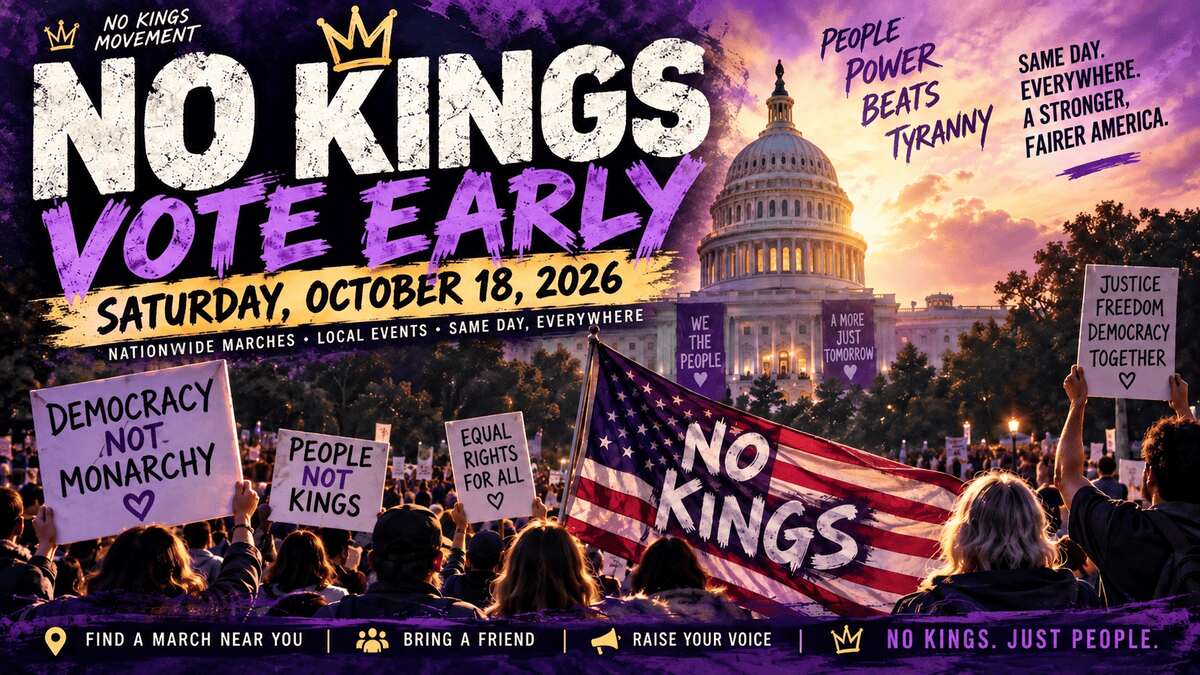 Resist hate’s graphic announcing no kings vote early event. Trump’s time interview