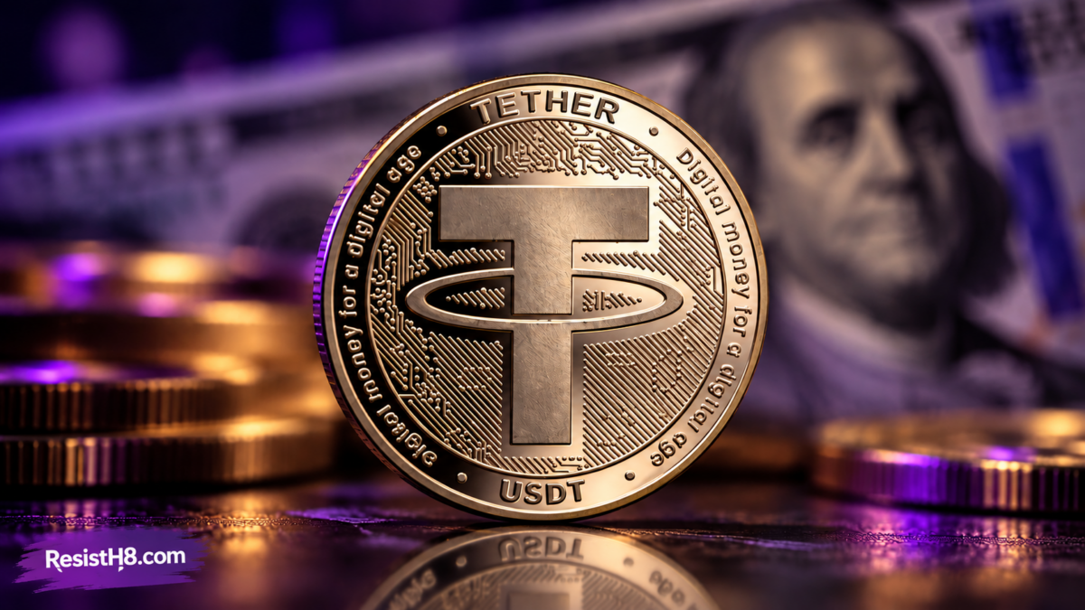 stablecoin tether lutnick A single usdt stablecoin in front of paper money and gold coins. Tether crypto firm.