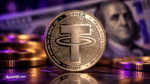 A single usdt stablecoin in front of paper money and gold coins. Tether crypto firm.