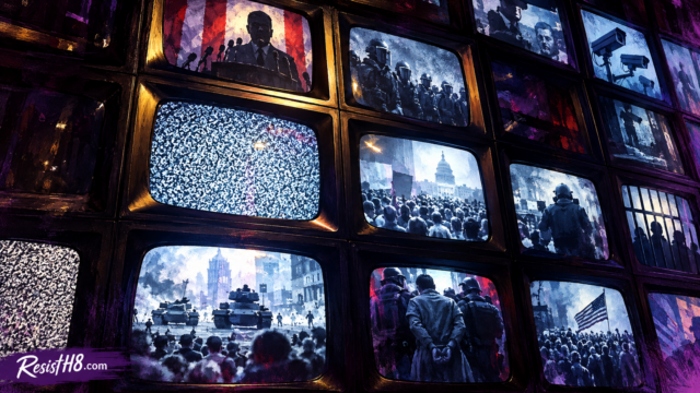Warning signs of fascism. Wall of televisions with images of a fascist country